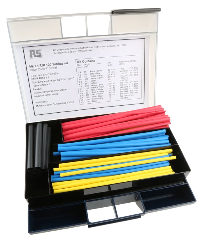 Rnf 100 Kit Te Connectivity Te Connectivity Cable Sleeve Kit Rnf 100 Series 2 1 Shrink Ratio 113 2596 Rs Components