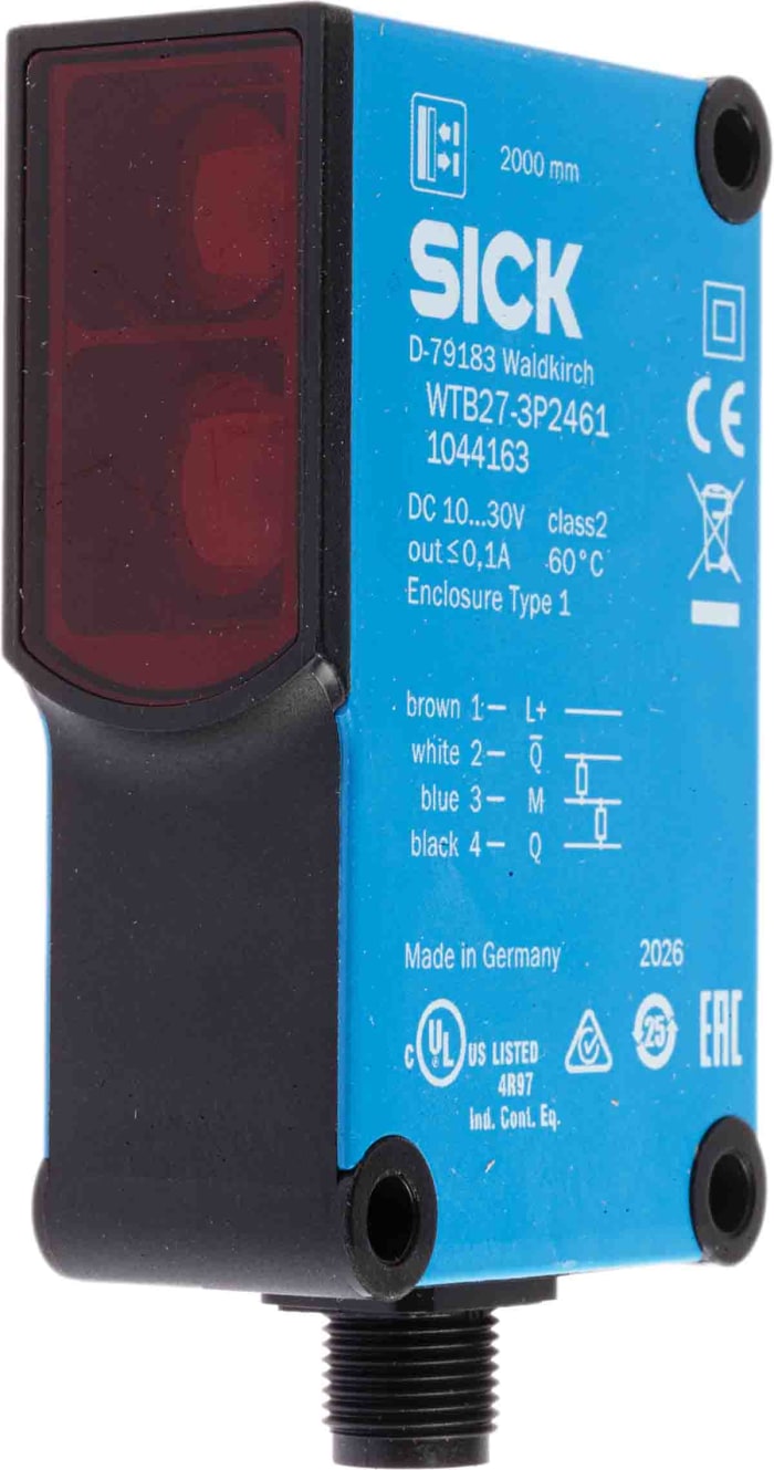 Fotocélula rectangular SICK, Sistema Supresión de Fondo, alcance 30 mm → 2 m, salida PNP, Conector de M12 4