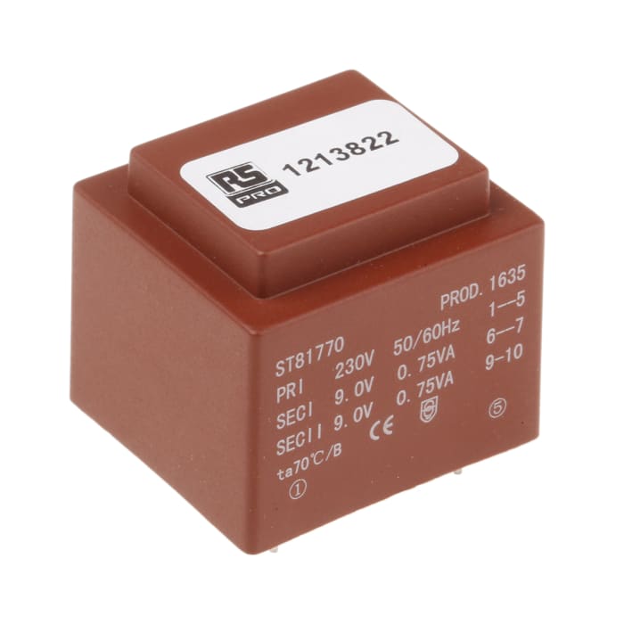Transformateur pour circuit imprimé RS PRO, 2 x 9V c.a., 230V c.a., 1.5VA, 2 sorties
