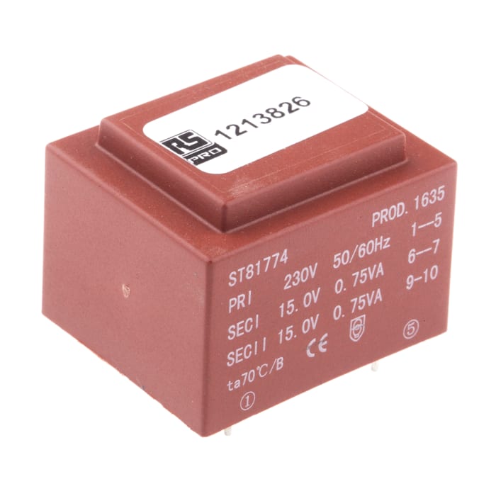 RS PRO 2 x 15V ac 2 Output PCB Mount PCB Transformer, 1.5VA