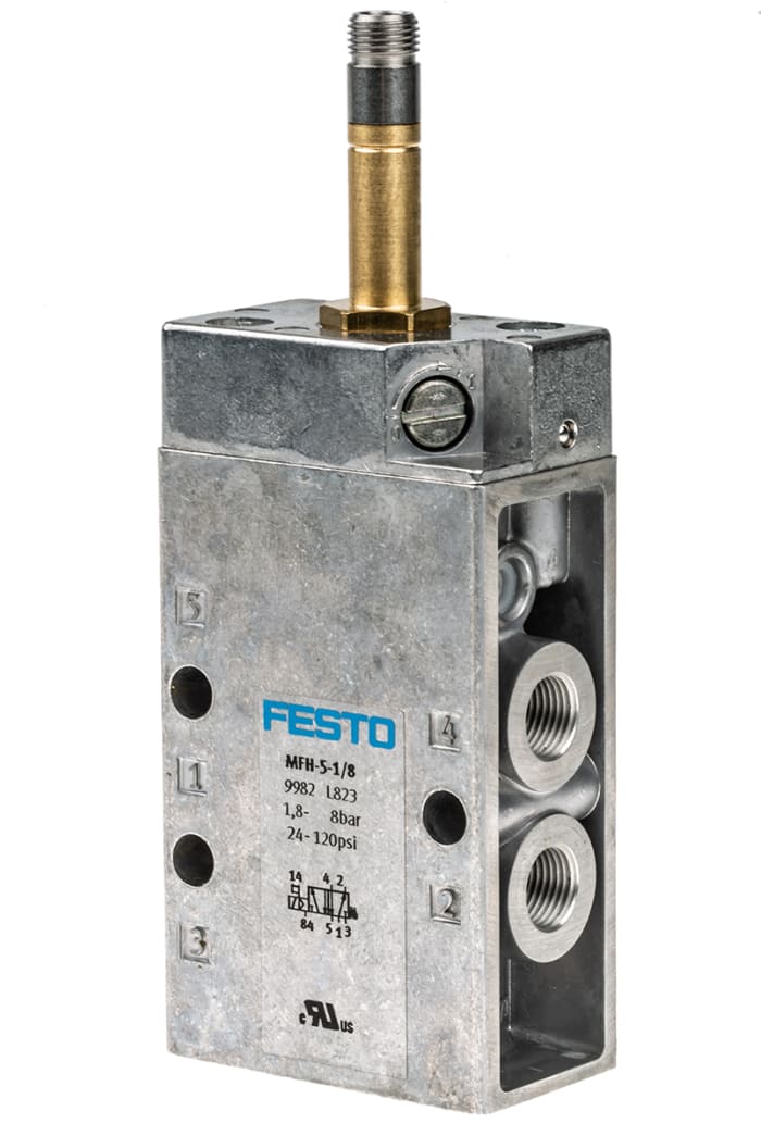 Electroválvula neumática Festo, Serie MFH, Rosca G 1/8, Función 5/2, Solenoide/Resorte, Orificio Pasante, 500l/min