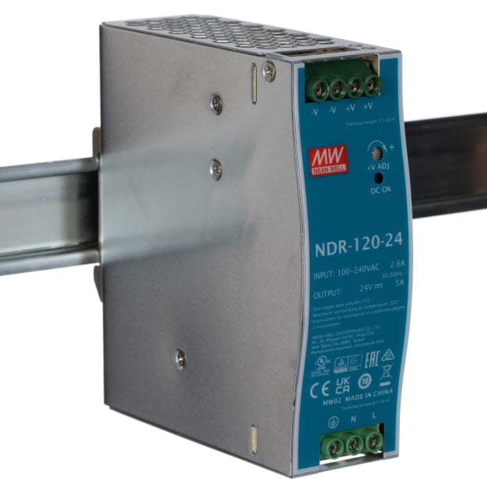 Alimentation pour rail DIN MEAN WELL, série NDR, 24V c.c.out 5A, 120W