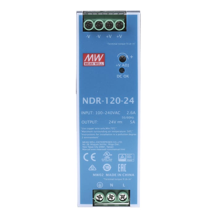 NDR-120-24 MEAN WELL | MEAN WELL NDR Switch Mode DIN Rail Power Supply .