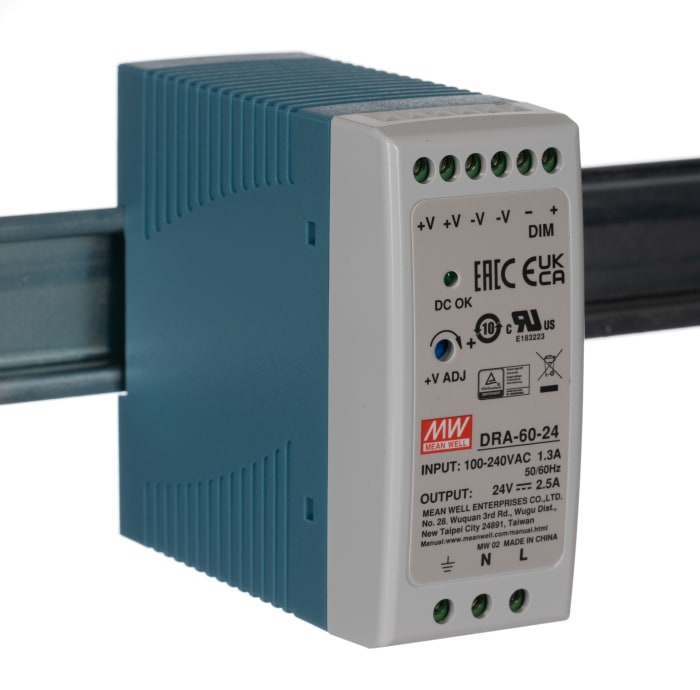Alimentation pour rail DIN MEAN WELL, série DRA, 24V c.c.out 2.5A, 60W