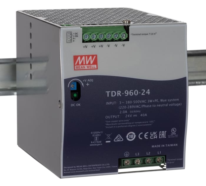 Alimentation pour rail DIN MEAN WELL, série TDR, 24V c.c.out 40A, 960W