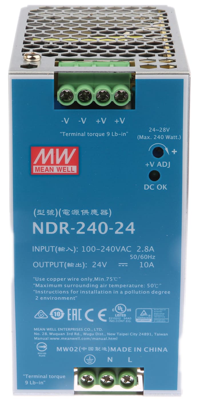 Alimentation pour rail DIN MEAN WELL, série NDR, 24V c.c.out 10A, 240W