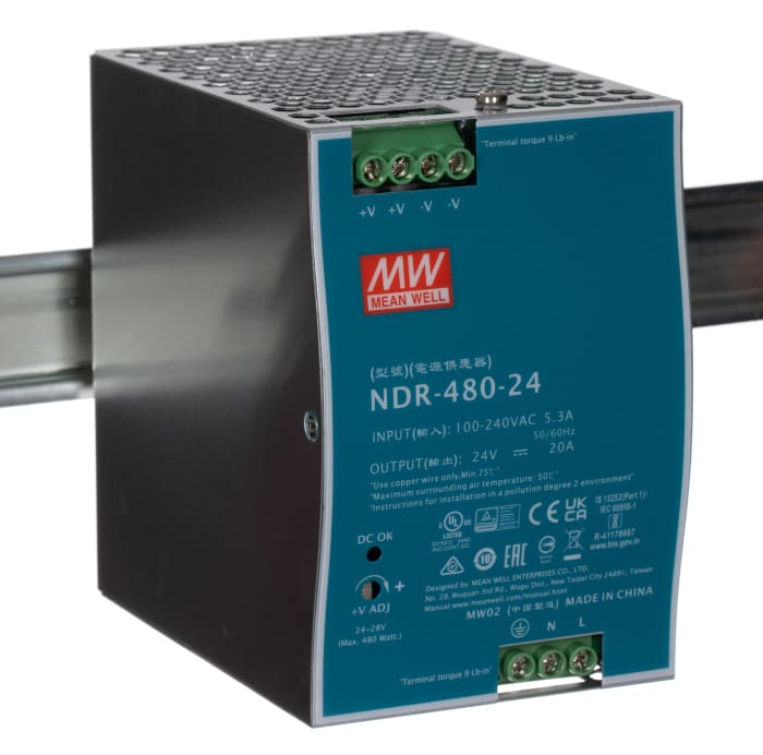 Alimentation pour rail DIN MEAN WELL, série NDR, 24V c.c.out 20A, 480W
