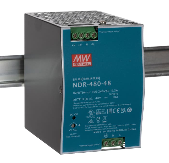 Alimentation pour rail DIN MEAN WELL, série NDR, 48V c.c.out 10A, 480W