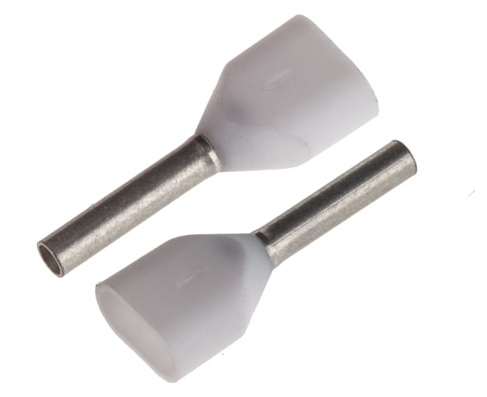 JST, TWE Insulated Crimp Bootlace Ferrule, 8mm Pin Length, 1.5mm Pin Diameter, 2 x 0.5mm² Wire Size, White