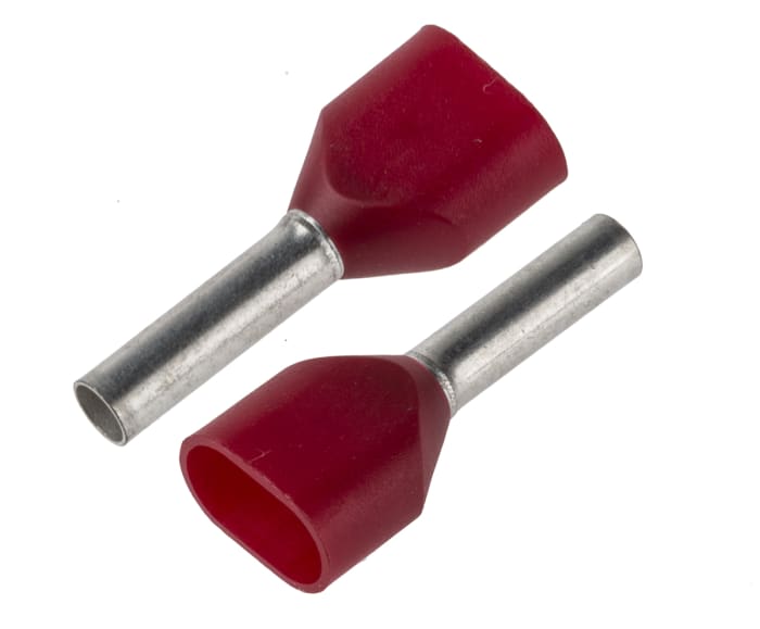 JST, TWE Insulated Crimp Bootlace Ferrule, 8mm Pin Length, 2.3mm Pin Diameter, 2 x 1mm² Wire Size, Red