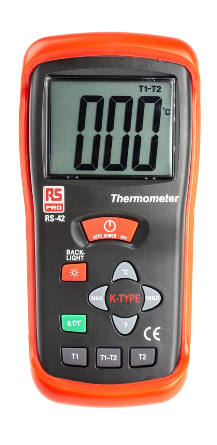 RS PRO, RS PRO RS42 Wired Digital Thermometer, K Probe, 2 Input(s), +1300  °C, +2000 °F Max, ±0.5% + 1 °C, ±0.5% + 2 °F Accuracy, 123-1937