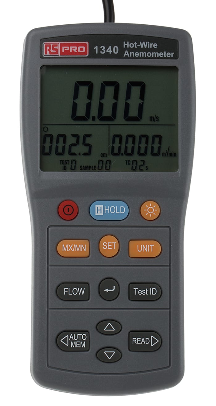 RS PRO RS1340 Hotwire Anemometer, 30m/s Max, Measures Air Flow, Air Volume