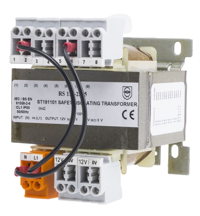 Transformátor na lištu DIN 100VA, primární napětí: 208V ac, sekundární napětí: 2x12V ac, Lišta DIN, 84 x 86 x 95mm