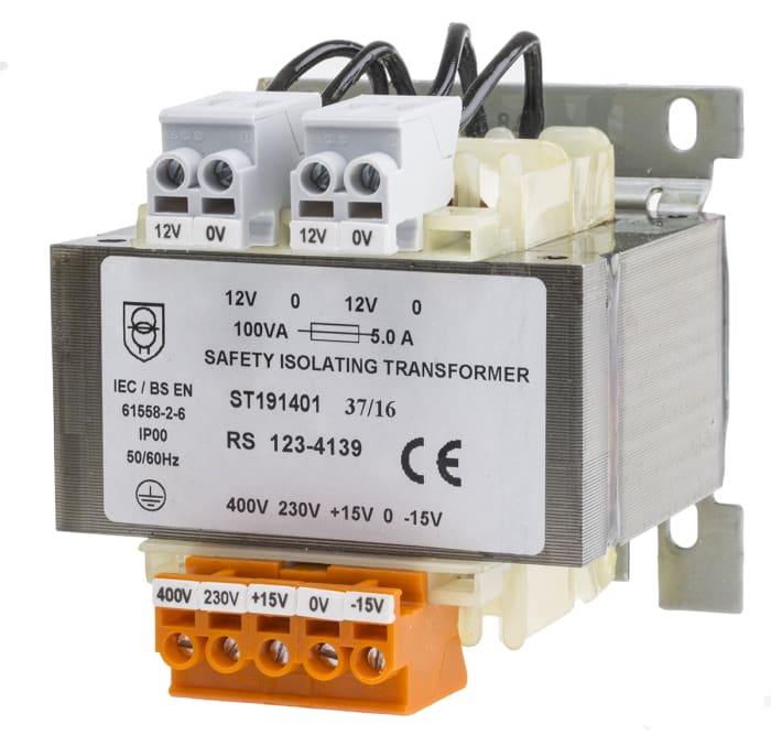 RS PRO 100VA DIN Rail Transformer, IEC 61558-2-6, 230 → 400V ac Primary, 12V ac Secondary