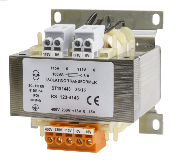RS PRO 160VA DIN Rail Transformer, 230 → 400V ac Primary, 2 x 115V ac Secondary