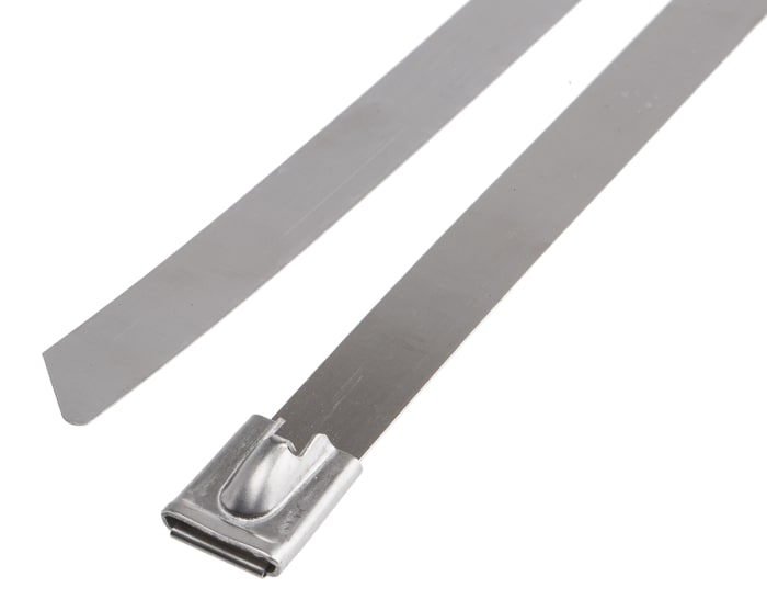RS PRO Cable Tie, Roller Ball, 680mm x 12 mm, Silver Stainless Steel, Pk-100