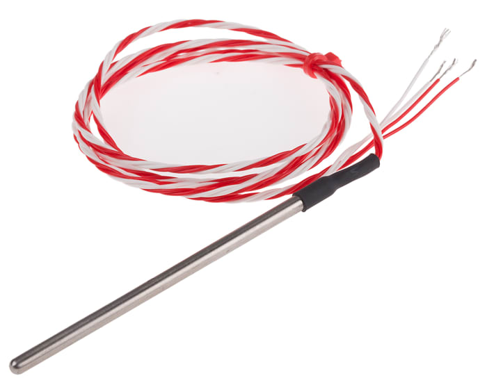 Sensor RTD PT100 RS PRO de 4 hilos, sonda: Ø 4mm, long. 90mm, cable de 1m, temp. -50°C → +200°C