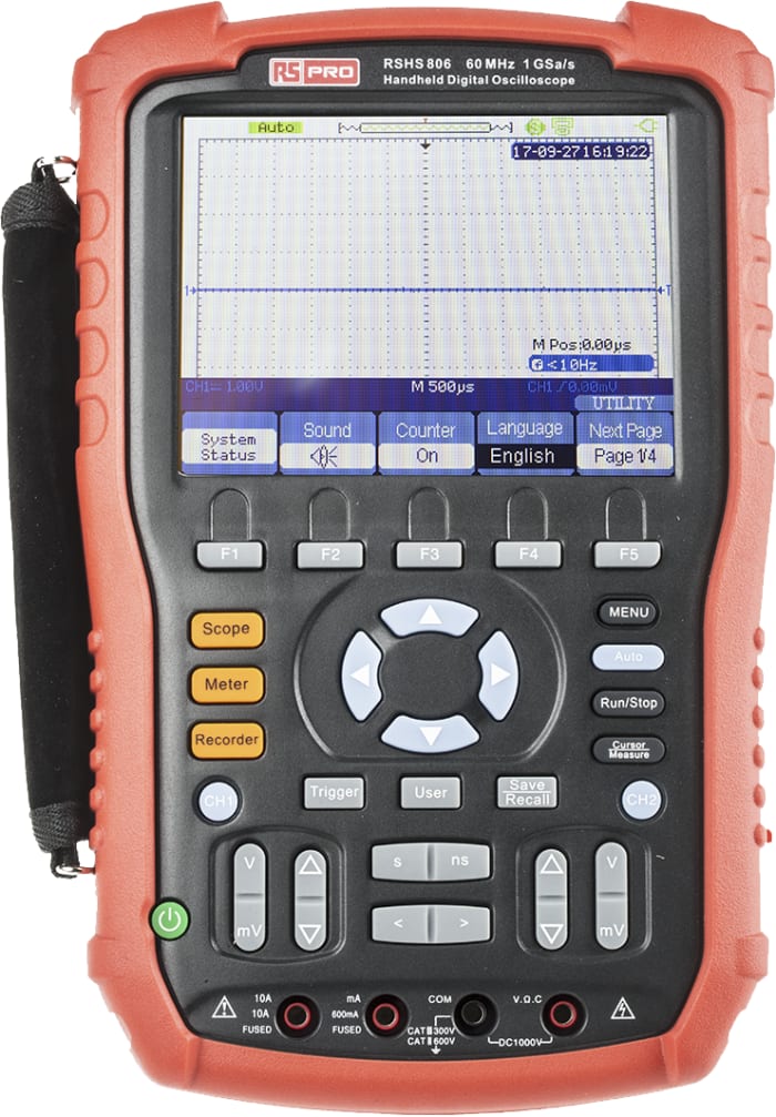 Osciloscopio de mano RS PRO RSHS806, canales:2 A, 60MHZ, pantalla de 5.7plg, interfaz USB