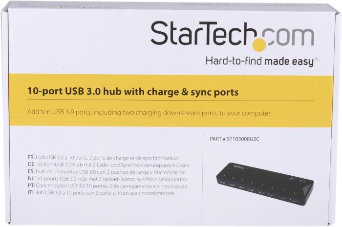 StarTech.com 10 Port USB 3.0 USB A Hub, AC Adapter Powered