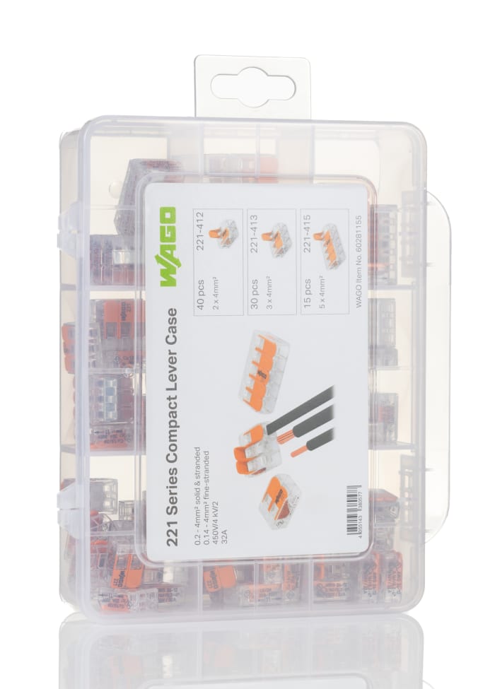 WAGO 221 Series Lever Connector Set, 2, 3, 5-Way, 32 A, 24 → 12 AWG Wire, Cage Clamp Termination