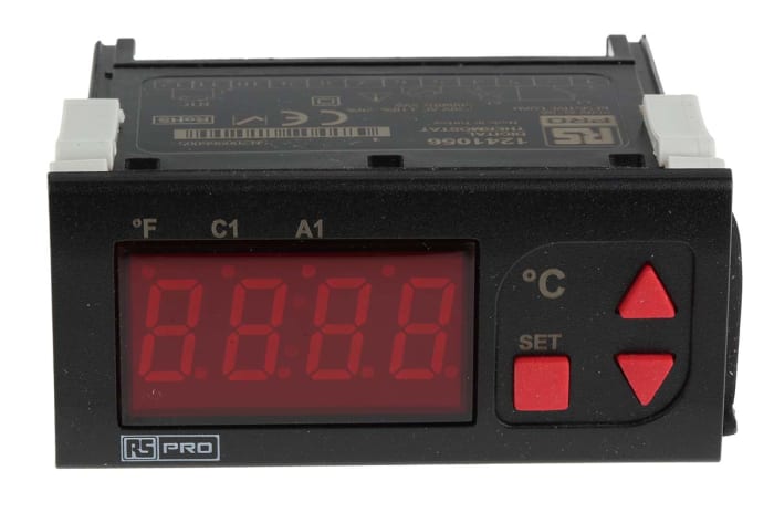 RS PRO, RS PRO Panel Mount On/Off Temperature Controller, 77 x 35mm 1  Input, 2 Output Relay, 230 V ac Supply Voltage, 124-1056