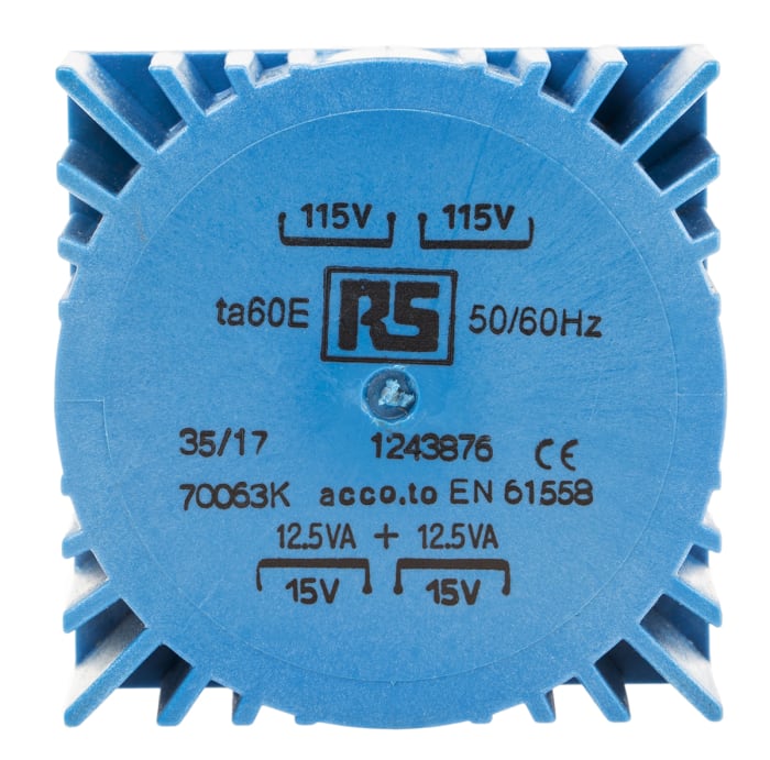 RS PRO 2 x 115V ac, 2 x 15V Toroidal Transformer, 25VA