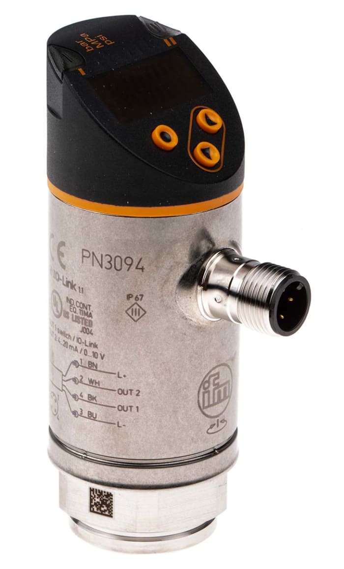 ifm electronic Pressure Sensor, -1bar Min, 10bar Max, Analogue + PNP-NO/NC Programmable Output, Relative Reading