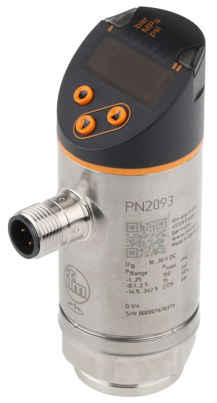 ifm electronic Pressure Sensor, -1bar Min, 25bar Max, Analogue + PNP-NO/NC Programmable Output, Relative Reading