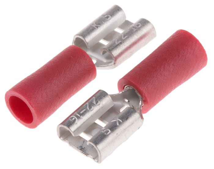 RS PRO Red Insulated Female Spade Connector, Double Crimp, 6.35 x 0.8mm Tab Size, 0.5mm² to 1.5mm²