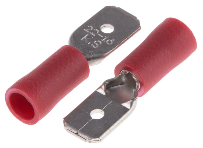 RS PRO Red Insulated Male Spade Connector, Double Crimp, 6.35 x 0.8mm Tab Size, 0.5mm² to 1.5mm²