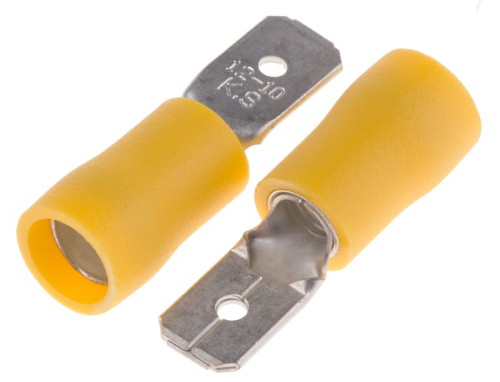 Terminal de lengüeta macho Aislado de color Amarillo RS PRO RS PRO, 6.35 x 0.8 mm, long. 24 mm, 12 AWG → 10 AWG, de