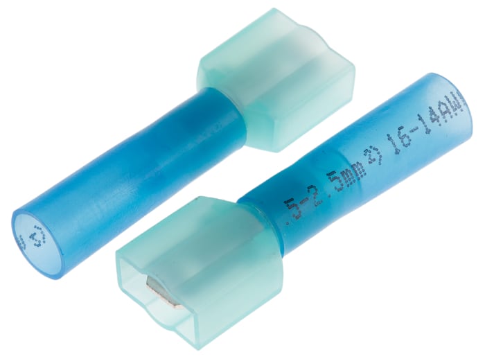 RS PRO Blue Insulated Male Spade Connector, Heat Shrinkable, 6.35 x 0.8mm Tab Size, 1.5mm² to 2.5mm²