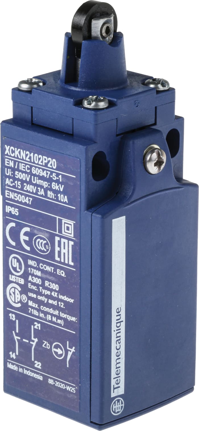 Telemecanique Sensors XCKN Series Roller Plunger Limit Switch, NO/NC, IP65, DP, Plastic Housing, 240V ac Max, 10A Max