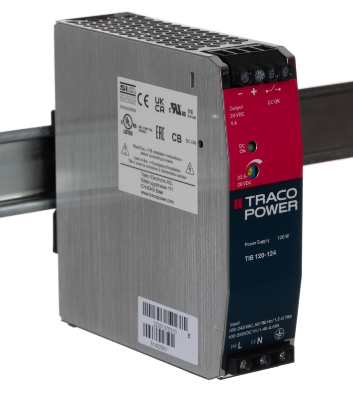 TRACOPOWER TIB Switched Mode DIN Rail Power Supply, 85 → 264V ac ac Input, 24V dc dc Output, 5A Output, 120W