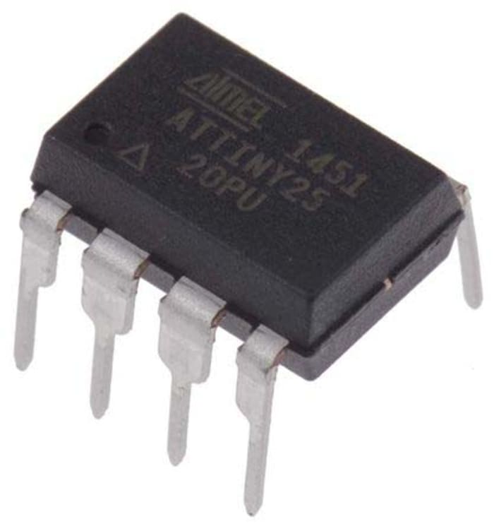 Microcontrolador Microchip ATTINY25-20PU, núcleo AVR de 8bit, RAM 128 B, 20MHZ, PDIP de 8 pines