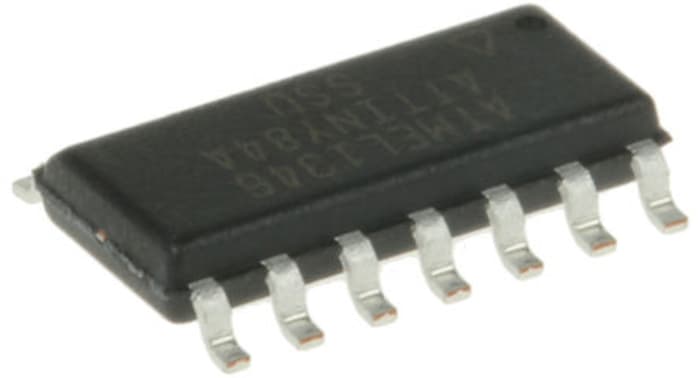 Microcontrolador Microchip ATTINY84A-SSU, núcleo AVR de 8bit, RAM 512 B, 20MHZ, SOIC de 14 pines
