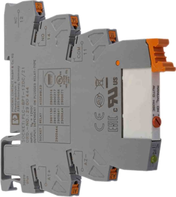 Phoenix Contact PLC-RPT- 12DC/21/MS Series Interface Relay, DIN Rail Mount, 12V dc Coil, SPDT, 1-Pole