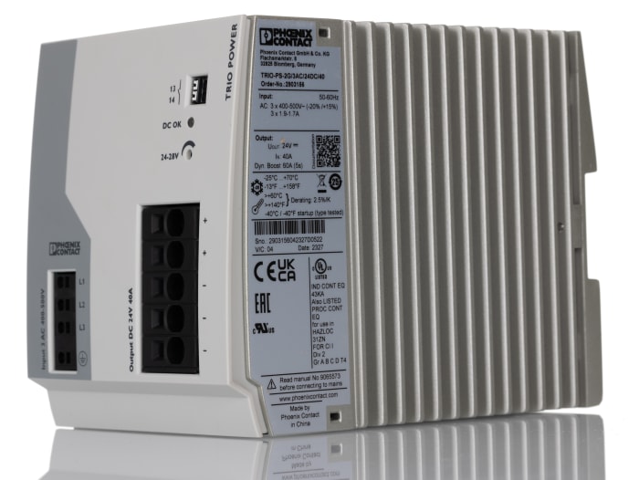Phoenix Contact TRIO POWER Switched Mode DIN Rail Power Supply, 3 x 400V ac ac Input, 24V dc dc Output, 40A Output, 960W