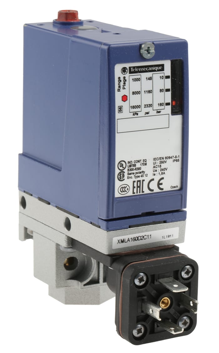 Presostato Telemecanique Sensors, 0bar → 160bar, 240 Vac, 250 Vdc, salida 1  CO, para Aire, aceite hidráulico, IP65, IP66
