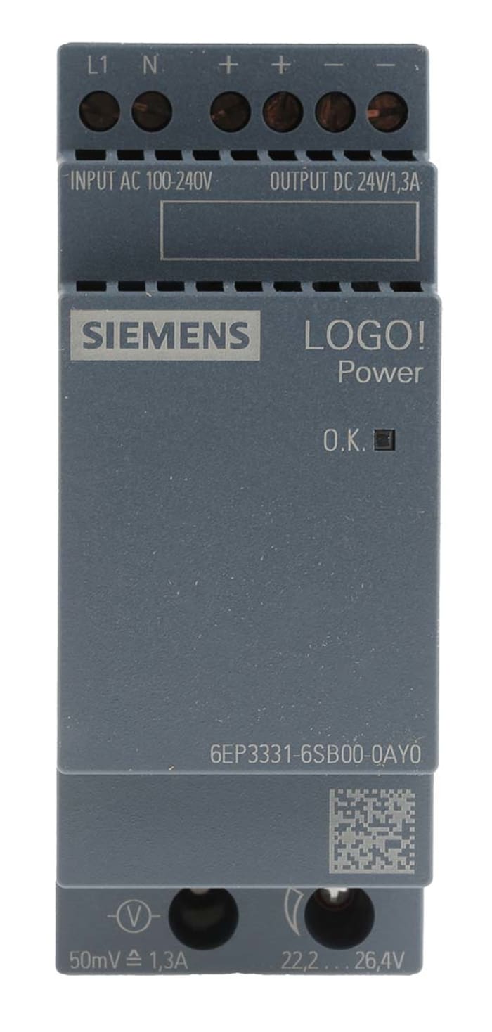 Siemens LOGO POWER Switched Mode DIN Rail Power Supply, 100 → 240V ac ac Input, 24V dc dc Output, 1.3A Output,