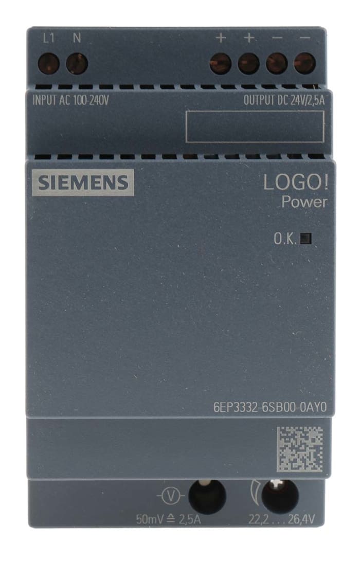 Siemens LOGO POWER Switched Mode DIN Rail Power Supply, 100 → 240V ac ac Input, 24V dc dc Output, 2.5A Output,