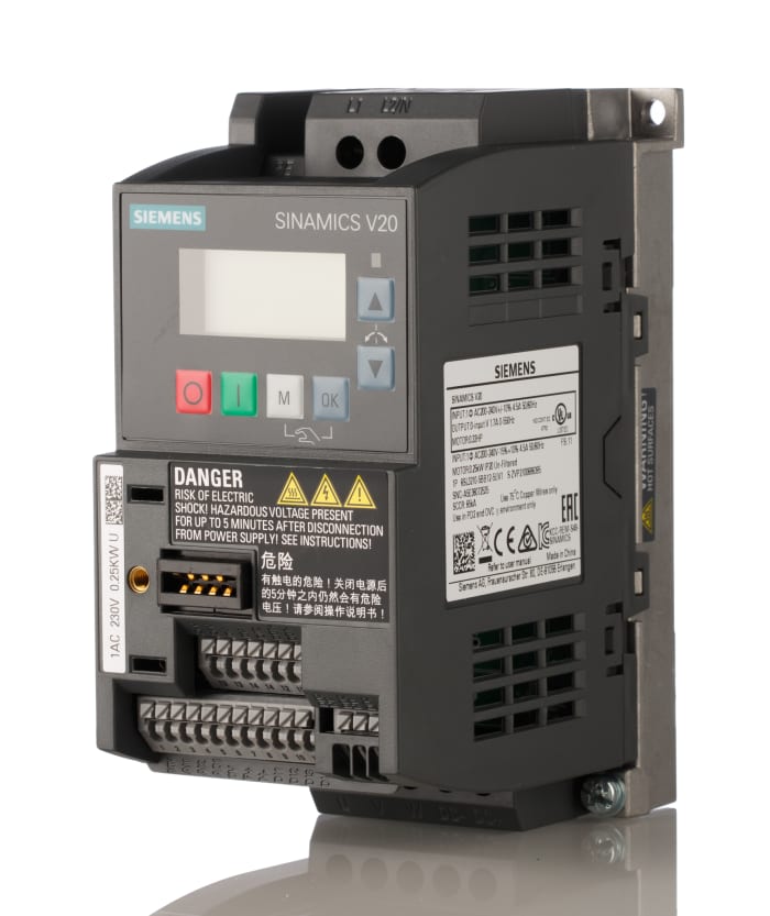Siemens Inverter Drive, 0.25 kW, 1 Phase, 230 V ac, 1.7 A, SINAMICS V20 Series
