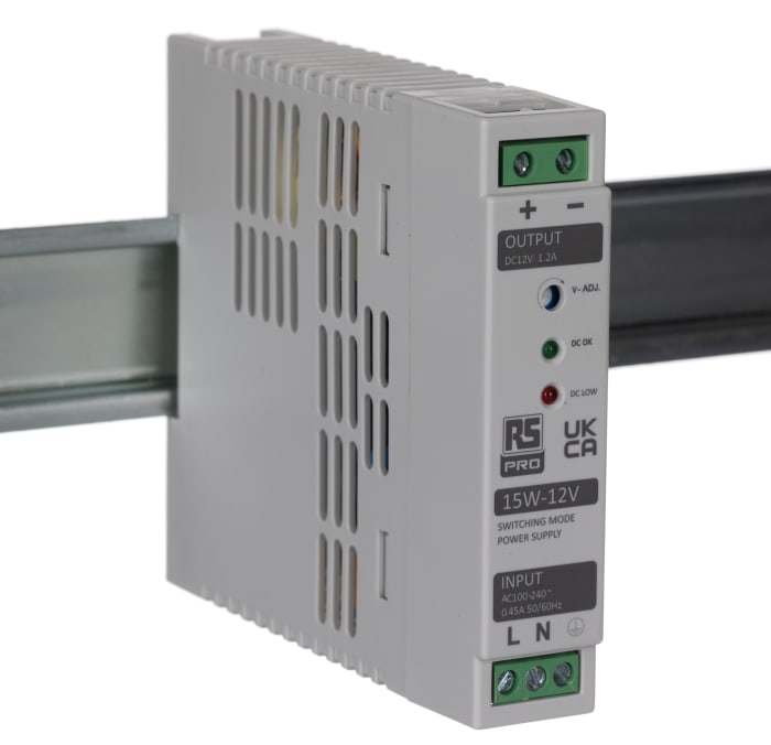RS PRO Switched Mode DIN Rail Power Supply, 230V ac, 12V dc dc Output, 1.2A Output, 15W
