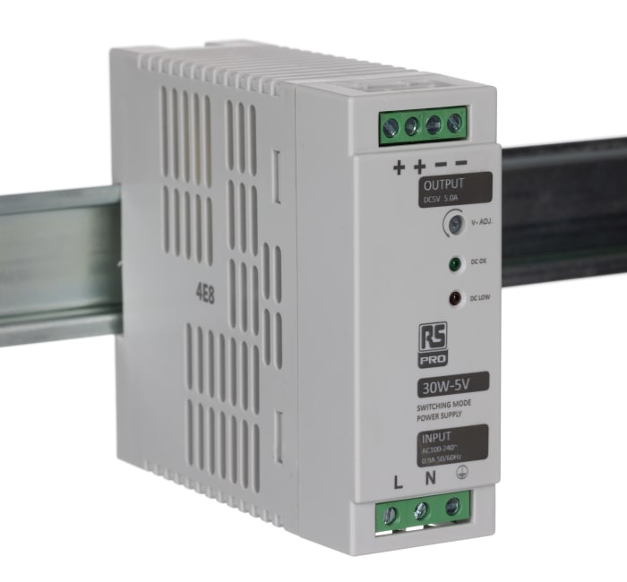 RS PRO Switched Mode DIN Rail Power Supply, 230V ac, 5V dc dc Output, 5A Output, 30W