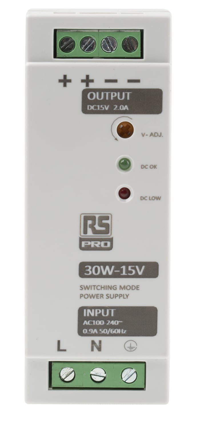 RS PRO Switched Mode DIN Rail Power Supply, 230V ac, 15V dc dc Output, 2A Output, 30W