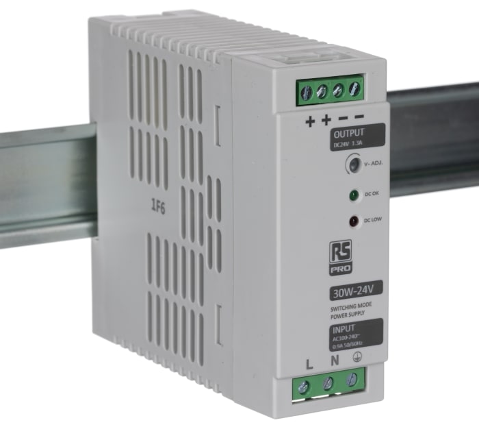 RS PRO Switched Mode DIN Rail Power Supply, 230V ac, 24V dc dc Output, 1.3A Output, 30W