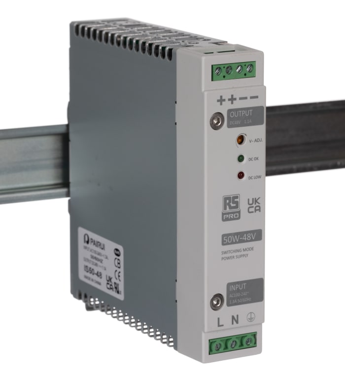 RS PRO Switched Mode DIN Rail Power Supply, 230V ac, 48V dc dc Output, 1.1A Output, 50W