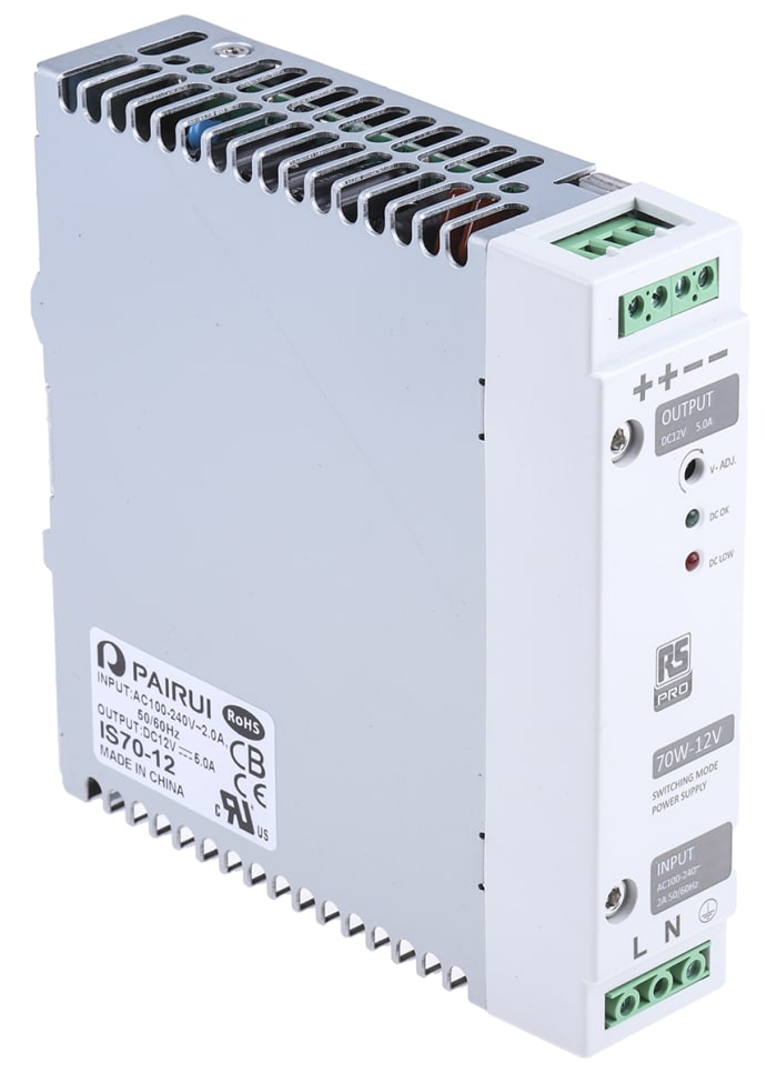 RS PRO, RS PRO Switch Mode DIN Rail Power Supply, 230V ac, 12V dc dc  Output, 5A Output, 70W, 136-8312