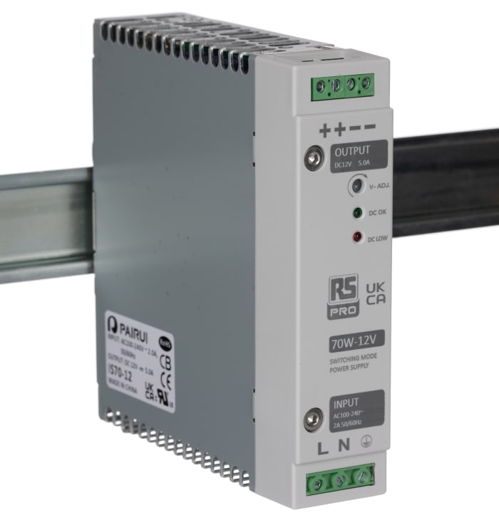 RS PRO, RS PRO Switch Mode DIN Rail Power Supply, 230V ac, 12V dc dc  Output, 5A Output, 70W, 136-8312