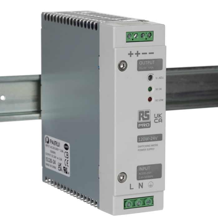 RS PRO Switched Mode DIN Rail Power Supply, 230V ac, 24V dc dc Output, 5A Output, 120W